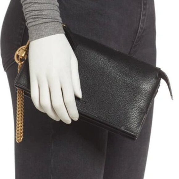 All Saints Handbags - AllSaints Pebbled Black Leather "Marry Pochette" with Gold Chain, Dust Bag, NWOT